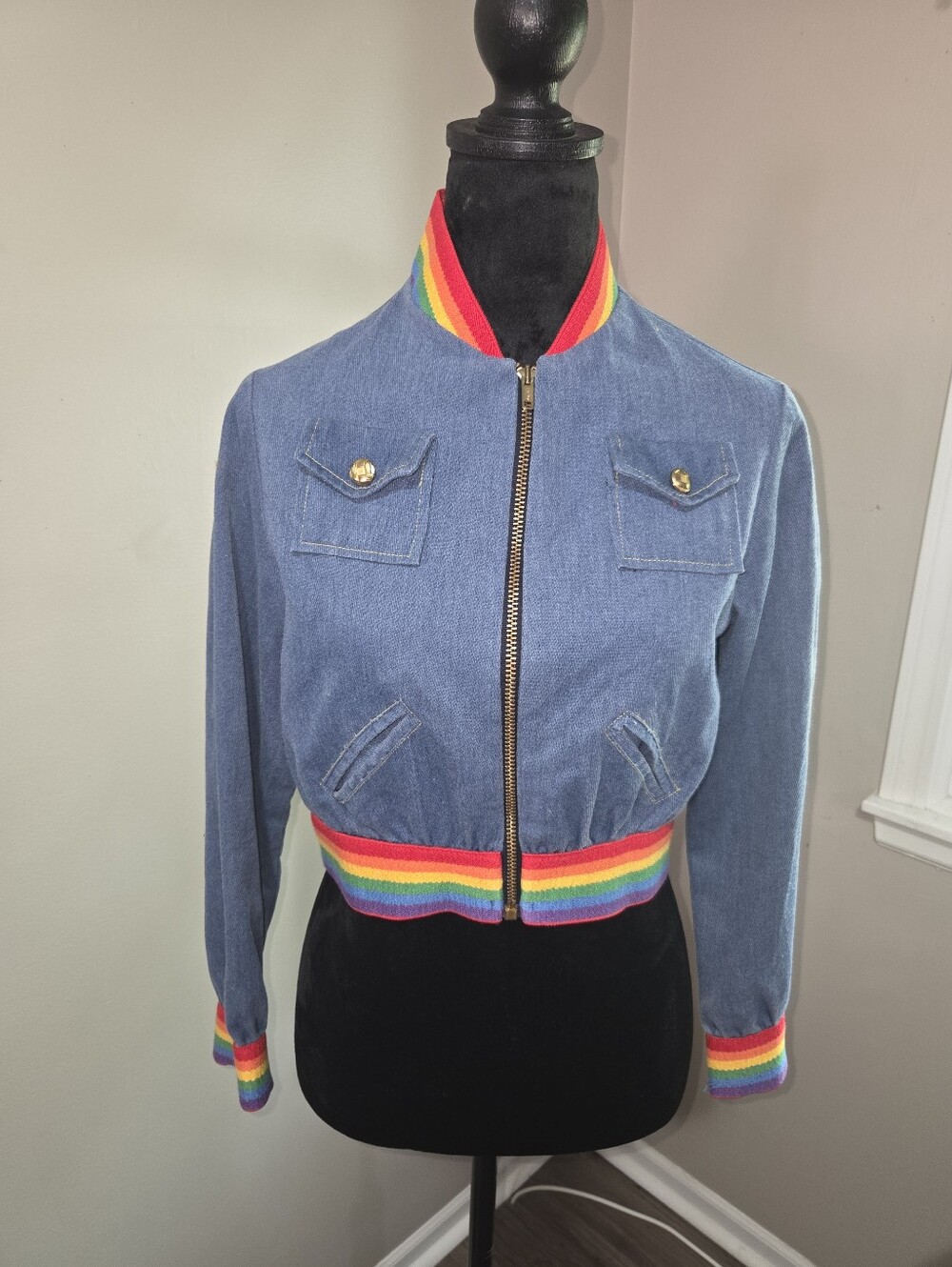 Vintage Denim Blue Bomber Jacket with Rainbow Trim